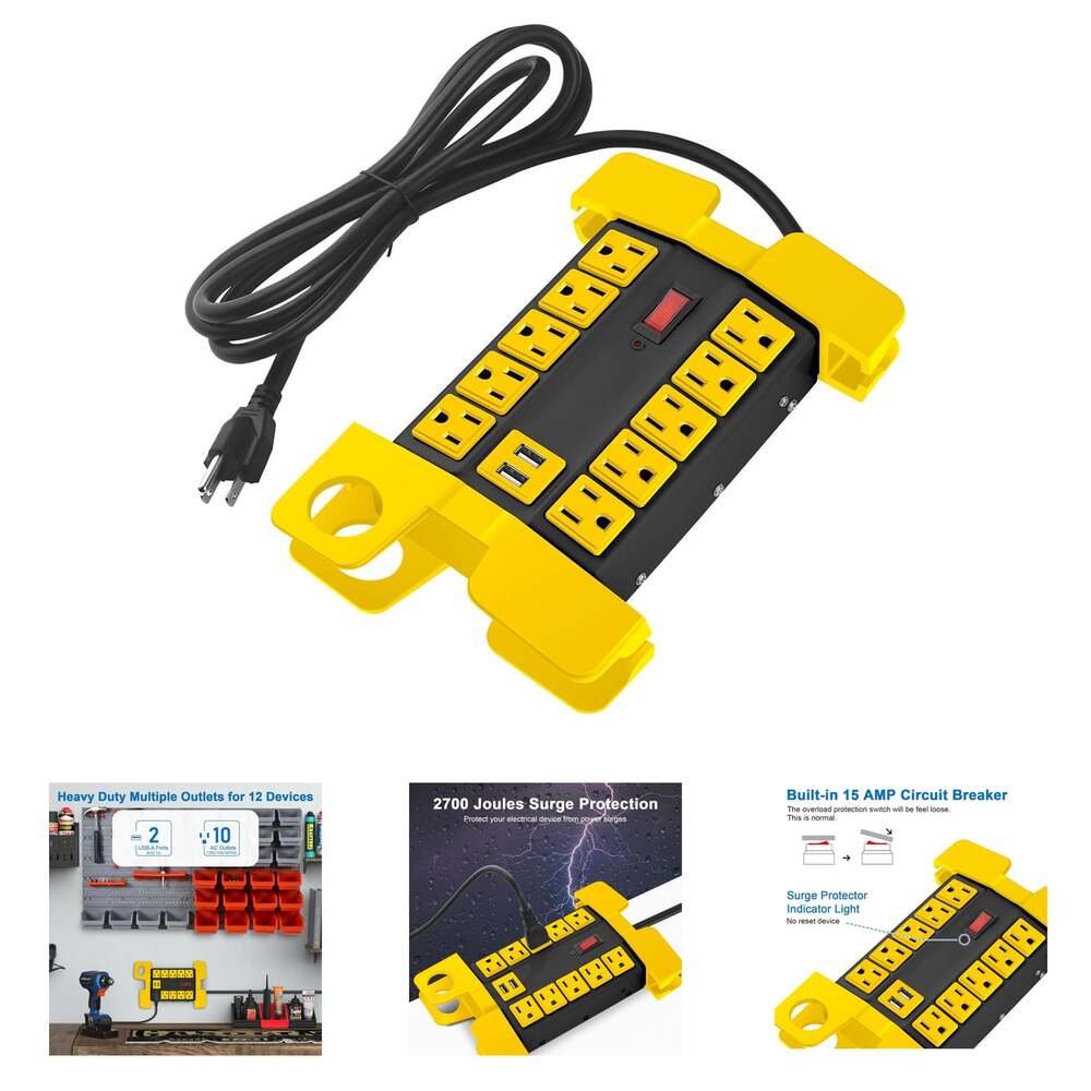 Heavy Duty Power Strip with USB Ports 10 Outlets Black 6FT Garage Surge